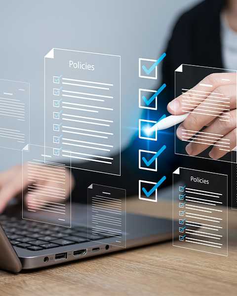 person using a digital pen to check policies on a laptop with graphical checklist elements two documents two checkmarks